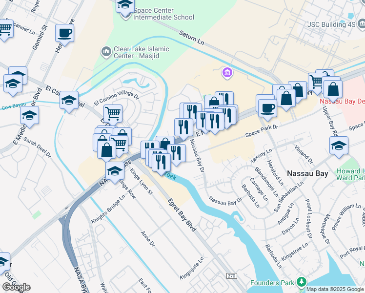 map of restaurants, bars, coffee shops, grocery stores, and more near 1210 NASA Bypass in Houston