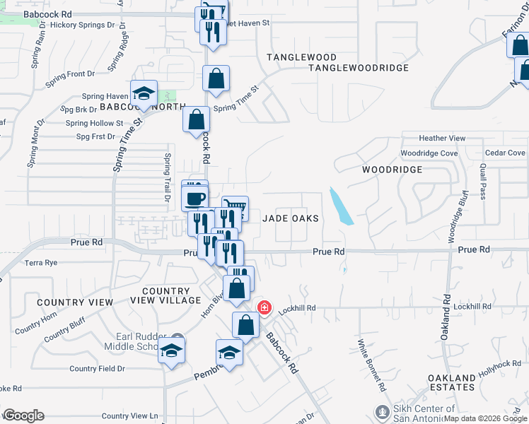 map of restaurants, bars, coffee shops, grocery stores, and more near 11251 Jade Spring in San Antonio