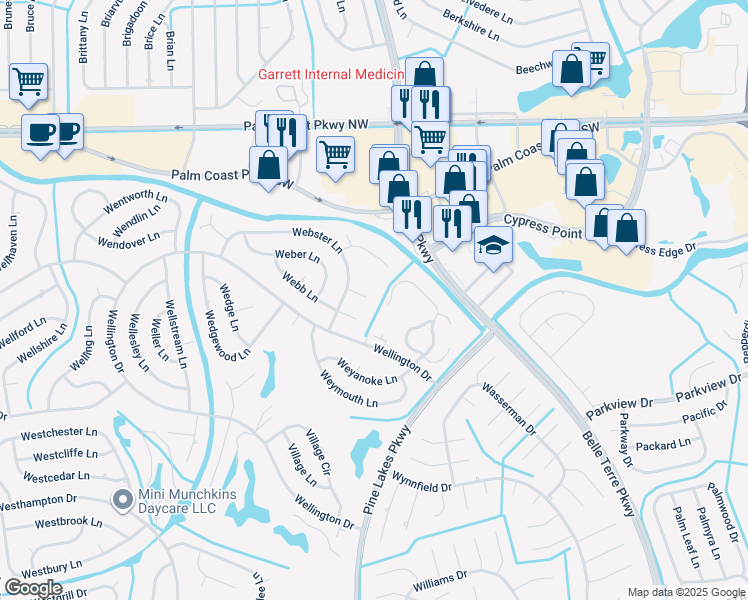 map of restaurants, bars, coffee shops, grocery stores, and more near 15 Webner Place in Palm Coast