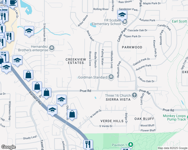 map of restaurants, bars, coffee shops, grocery stores, and more near 10818 Rivera Cove in San Antonio