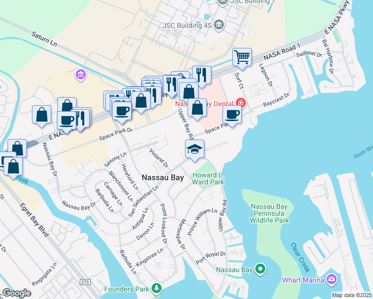 map of restaurants, bars, coffee shops, grocery stores, and more near 18290 Upper Bay Road in Houston