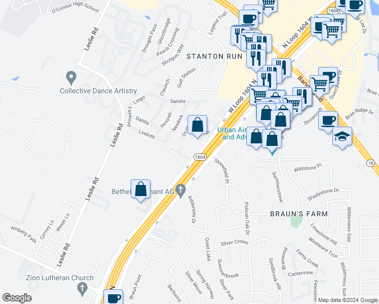 map of restaurants, bars, coffee shops, grocery stores, and more near 11043 West Loop 1604 South in San Antonio