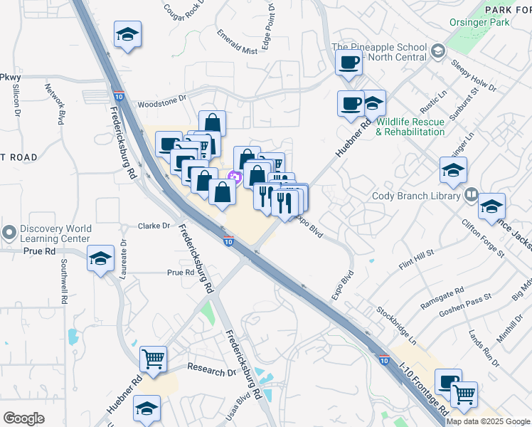 map of restaurants, bars, coffee shops, grocery stores, and more near 11255 Huebner Road in San Antonio