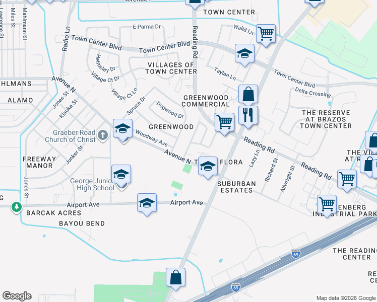 map of restaurants, bars, coffee shops, grocery stores, and more near 5204 Rockwood Drive in Rosenberg