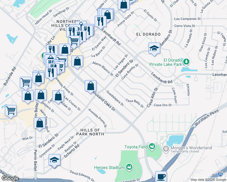 map of restaurants, bars, coffee shops, grocery stores, and more near 4706 Casa Bello Street in San Antonio