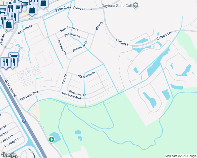 map of restaurants, bars, coffee shops, grocery stores, and more near 1 Blackberry Place in Palm Coast