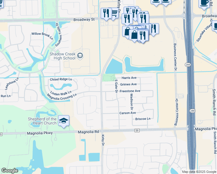 map of restaurants, bars, coffee shops, grocery stores, and more near 11515 Grimes Avenue in Pearland