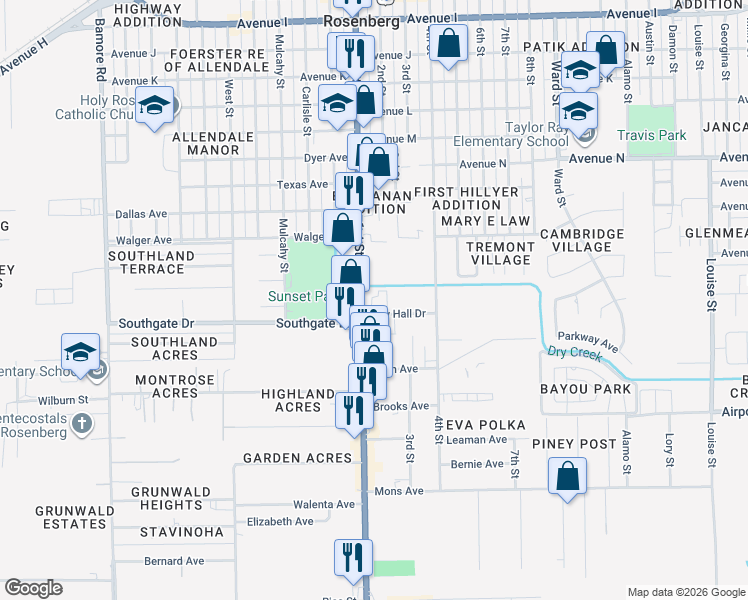 map of restaurants, bars, coffee shops, grocery stores, and more near 1811 City Hall Drive in Rosenberg
