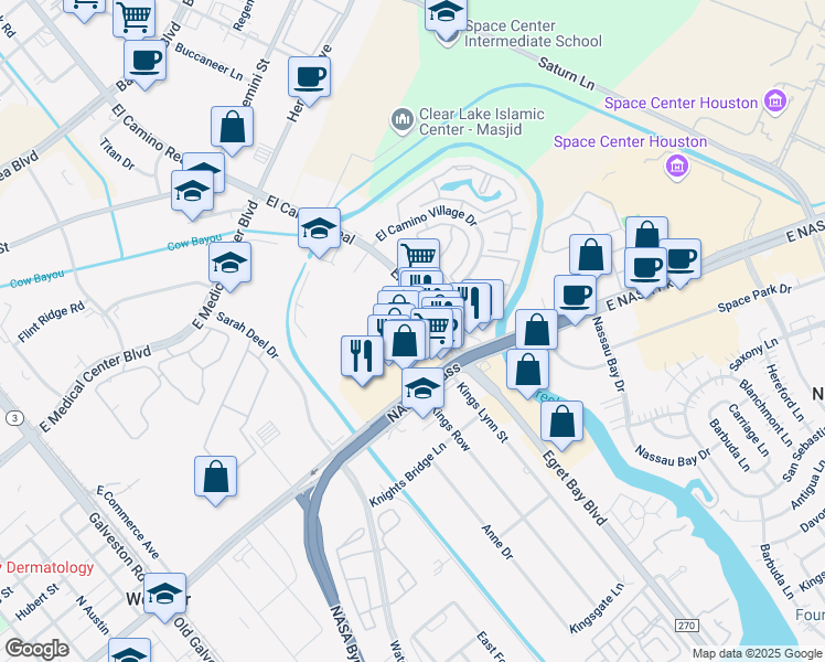 map of restaurants, bars, coffee shops, grocery stores, and more near 953 East Nasa Parkway in Houston