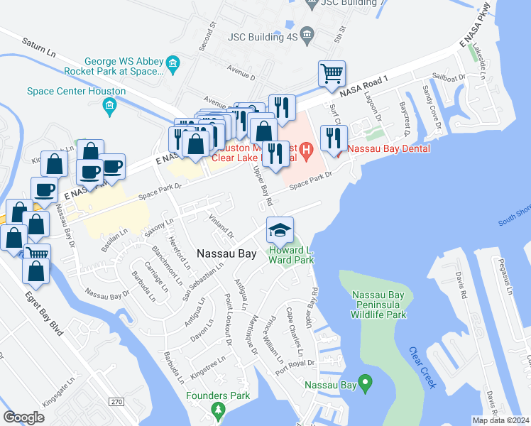 map of restaurants, bars, coffee shops, grocery stores, and more near 3 Upper Bay Road in Houston