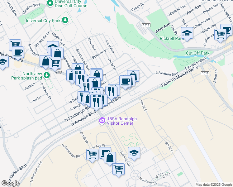 map of restaurants, bars, coffee shops, grocery stores, and more near 304 East Lindbergh Boulevard in Universal City