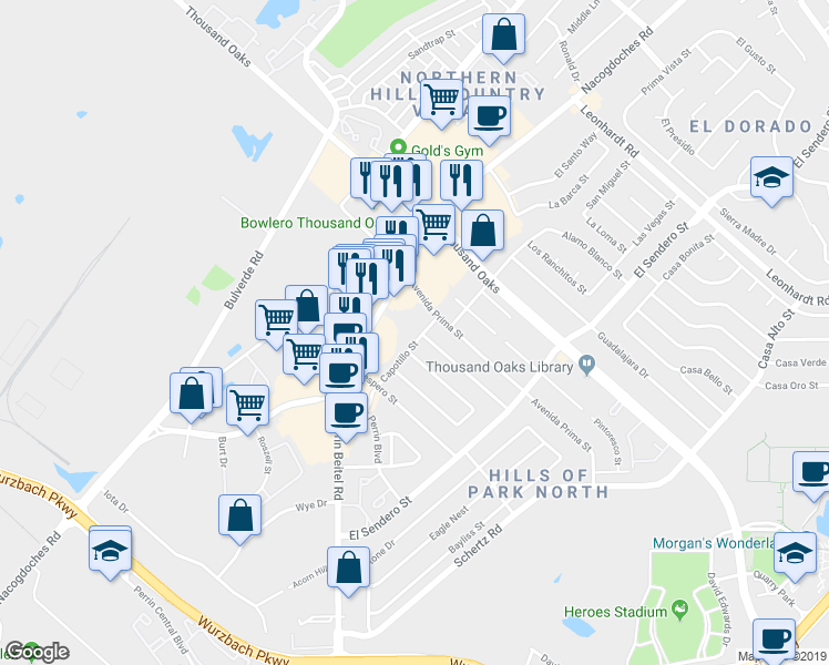map of restaurants, bars, coffee shops, grocery stores, and more near 4303 Las Cruces Street in San Antonio