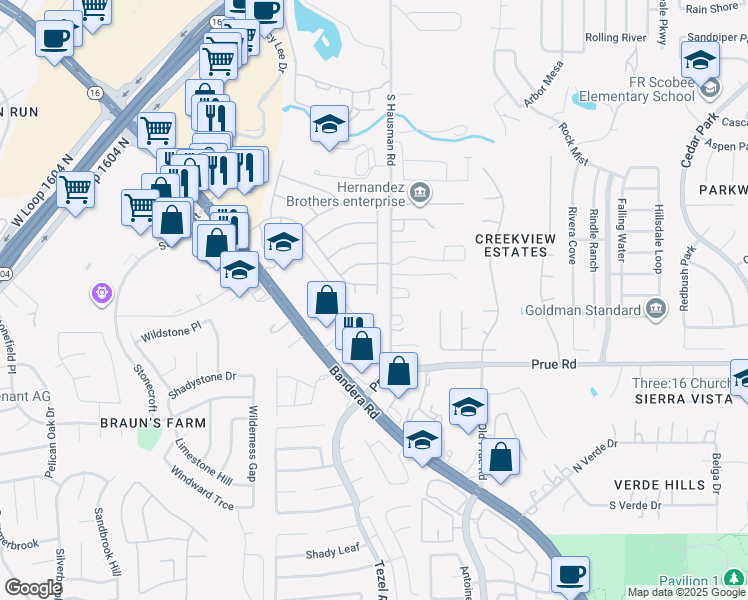 map of restaurants, bars, coffee shops, grocery stores, and more near 11307 Fair Hollow Drive in San Antonio