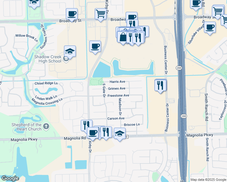 map of restaurants, bars, coffee shops, grocery stores, and more near 11406 Grimes Avenue in Pearland