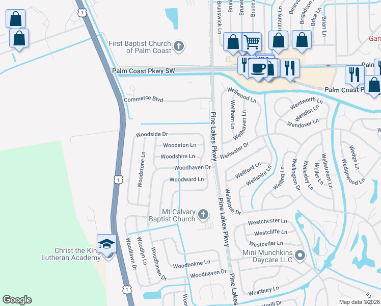 map of restaurants, bars, coffee shops, grocery stores, and more near 23 Woodshire Lane in Palm Coast
