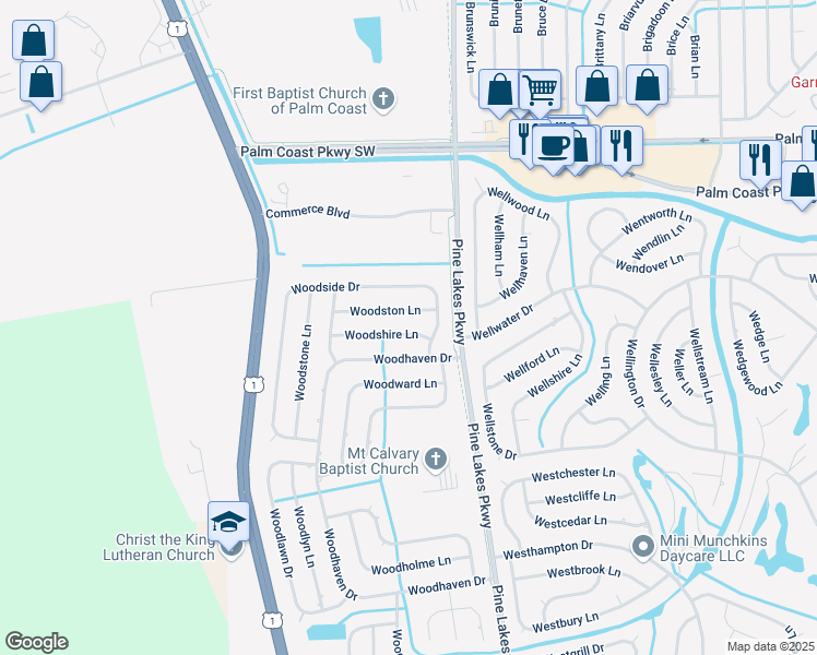 map of restaurants, bars, coffee shops, grocery stores, and more near 23 Woodshire Lane in Palm Coast