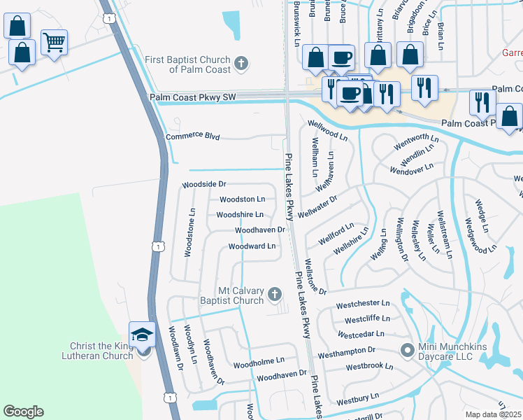 map of restaurants, bars, coffee shops, grocery stores, and more near 23 Woodshire Lane in Palm Coast
