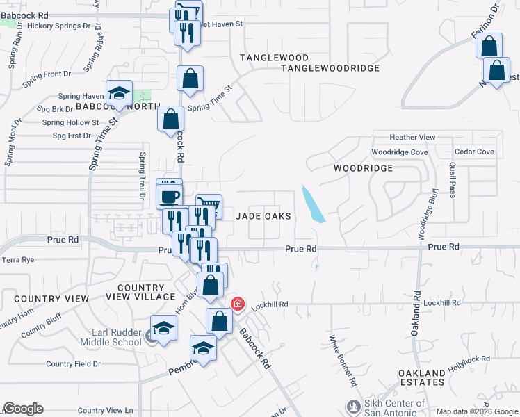 map of restaurants, bars, coffee shops, grocery stores, and more near 11239 Jadestone Boulevard in San Antonio