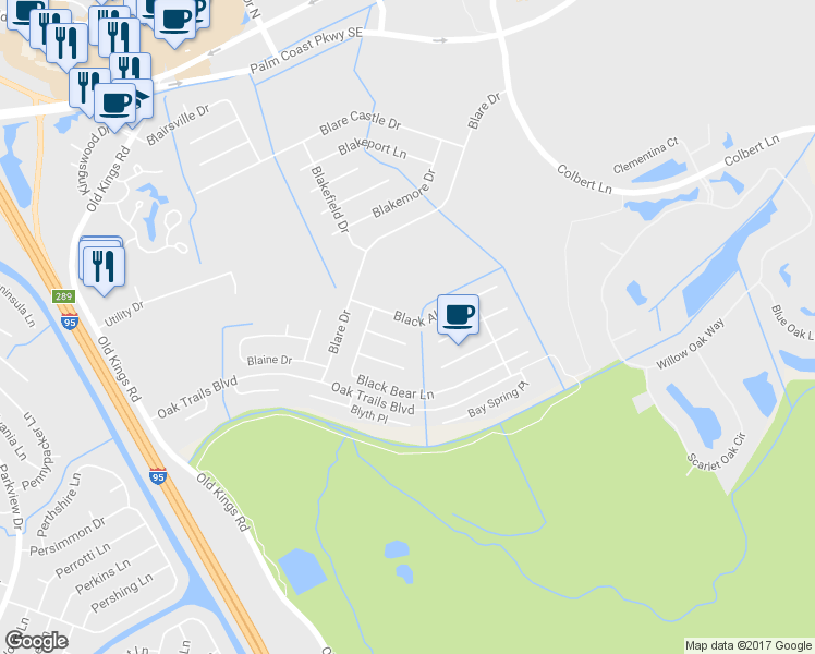 map of restaurants, bars, coffee shops, grocery stores, and more near 32 Black Alder Drive in Palm Coast