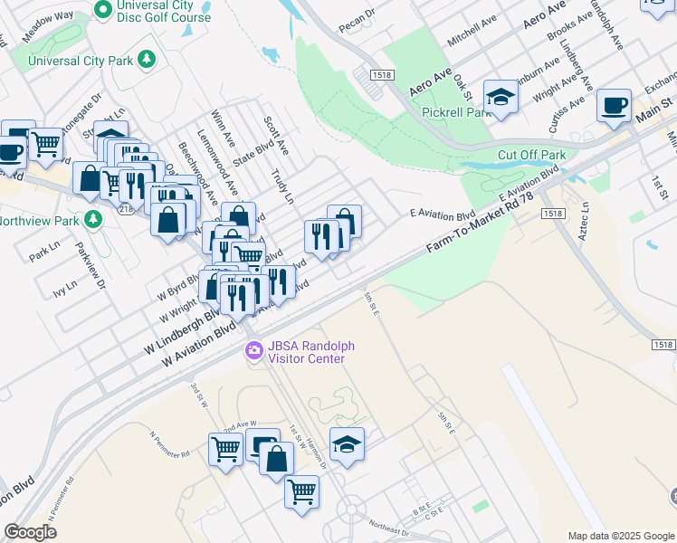 map of restaurants, bars, coffee shops, grocery stores, and more near 402 East Aviation Boulevard in Universal City