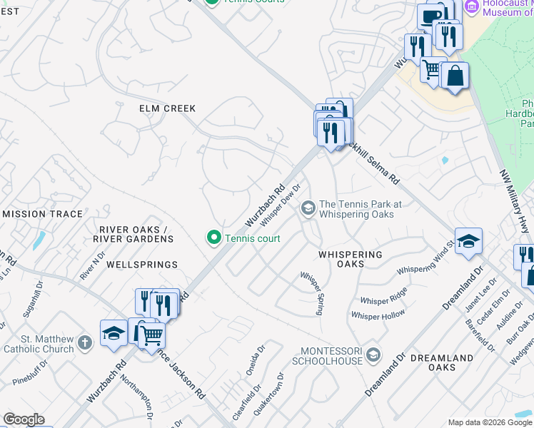 map of restaurants, bars, coffee shops, grocery stores, and more near 11627 Whisper Dew Street in San Antonio