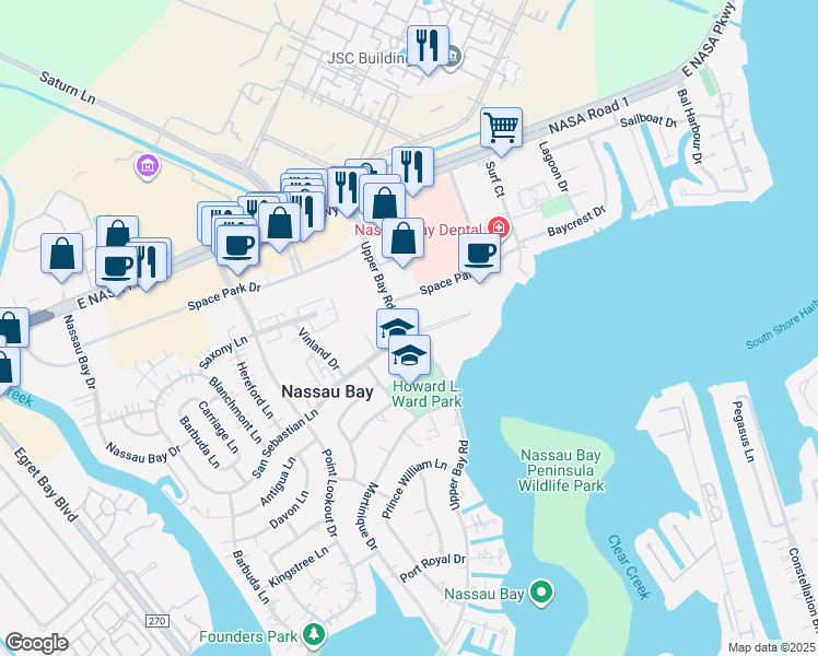 map of restaurants, bars, coffee shops, grocery stores, and more near 3 Upper Bay Road in Houston
