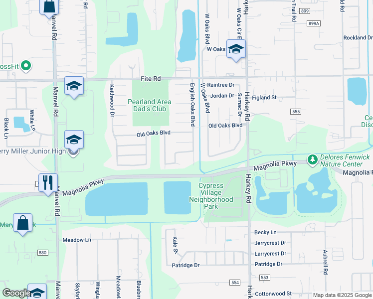 map of restaurants, bars, coffee shops, grocery stores, and more near 6405 East Bending Oaks Lane in Pearland