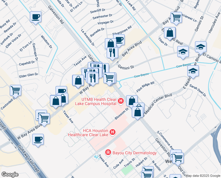 map of restaurants, bars, coffee shops, grocery stores, and more near 16930-16998 Galveston Road in Webster