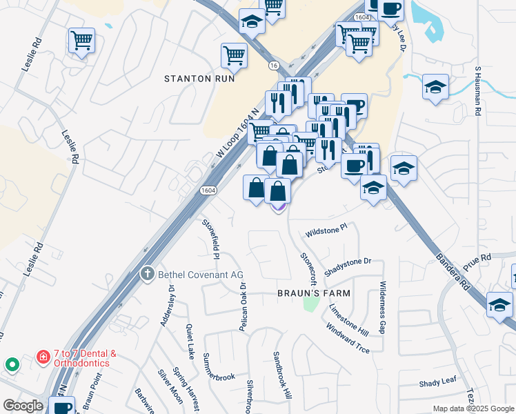 map of restaurants, bars, coffee shops, grocery stores, and more near 11781 Bandera Road in San Antonio