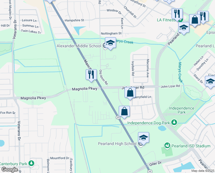 map of restaurants, bars, coffee shops, grocery stores, and more near 5701 Old Alvin Road in Pearland