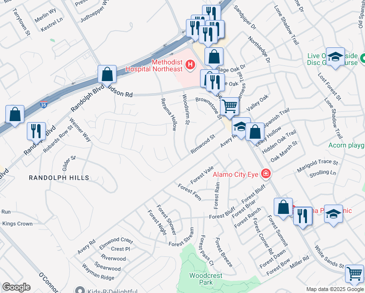 map of restaurants, bars, coffee shops, grocery stores, and more near 12012 Retama Hollow in Live Oak