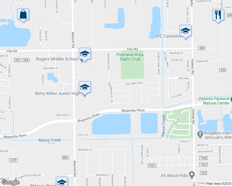 map of restaurants, bars, coffee shops, grocery stores, and more near 6802 Paigetree Lane in Pearland