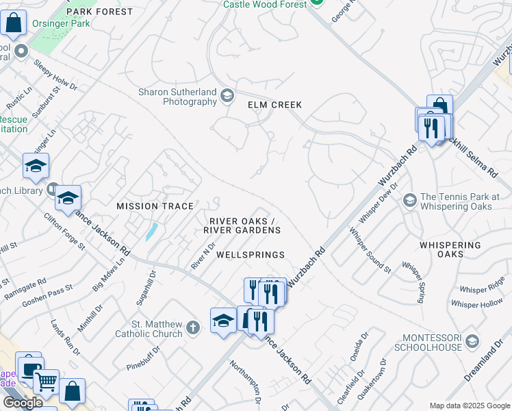 map of restaurants, bars, coffee shops, grocery stores, and more near 3406 River Stroll Street in San Antonio