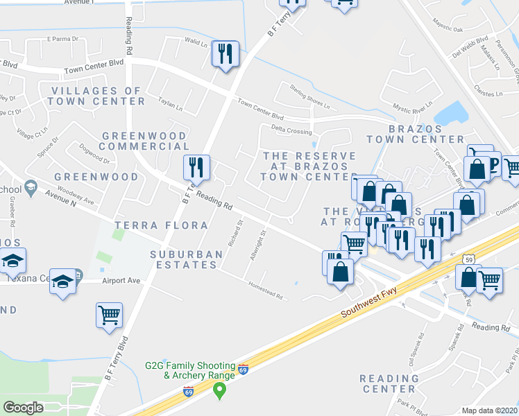 map of restaurants, bars, coffee shops, grocery stores, and more near 6306 Orange Blossom Lane in Rosenberg