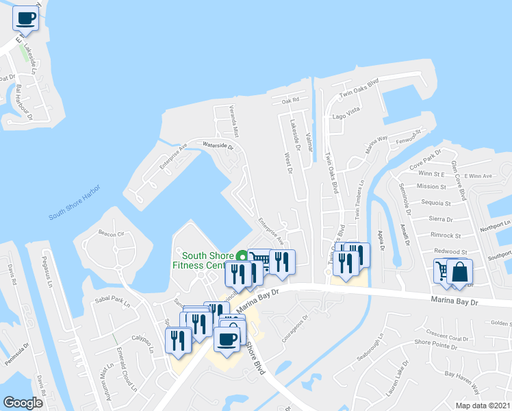 map of restaurants, bars, coffee shops, grocery stores, and more near 612 Enterprise Avenue in League City
