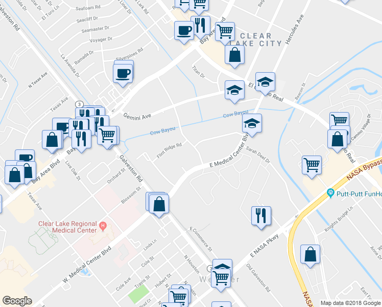 map of restaurants, bars, coffee shops, grocery stores, and more near 455 Medical Center Boulevard in Webster