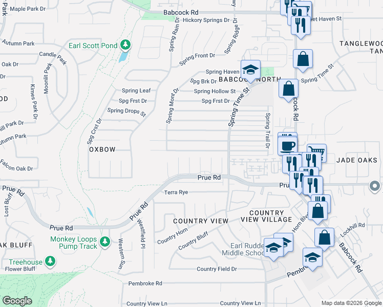 map of restaurants, bars, coffee shops, grocery stores, and more near 6810 Spring Garden Street in San Antonio