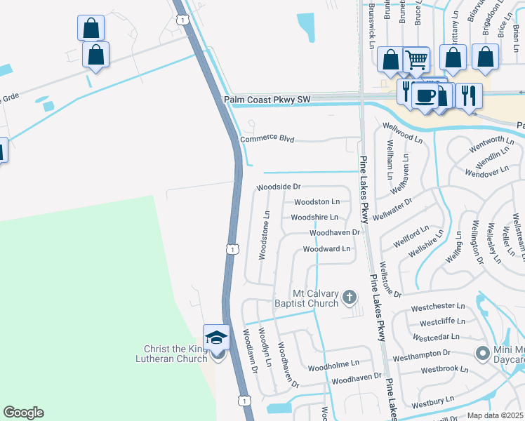 map of restaurants, bars, coffee shops, grocery stores, and more near 35 Woodstone Ln in Palm Coast