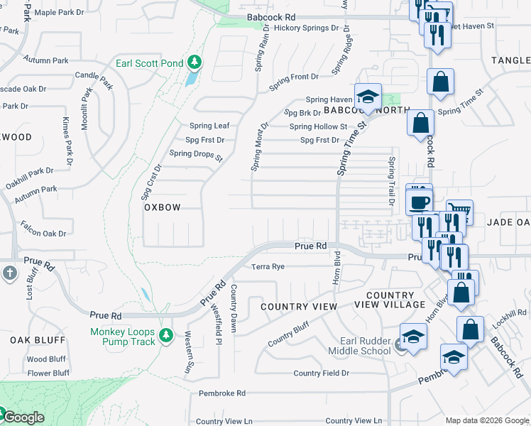 map of restaurants, bars, coffee shops, grocery stores, and more near 6834 Spring Garden Street in San Antonio