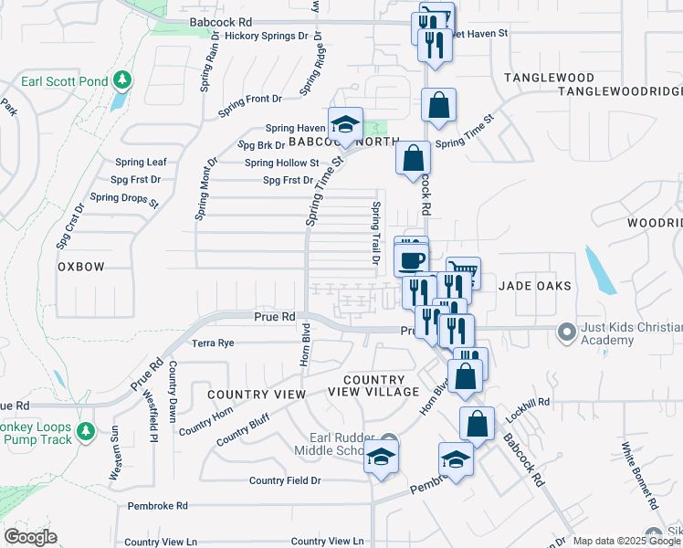 map of restaurants, bars, coffee shops, grocery stores, and more near 6530 Spring Garden Street in San Antonio