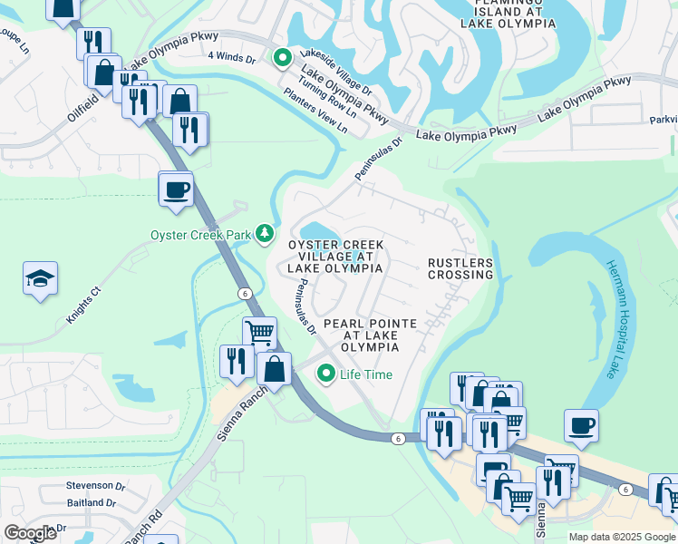 map of restaurants, bars, coffee shops, grocery stores, and more near 515 Spring Moss Drive in Missouri City