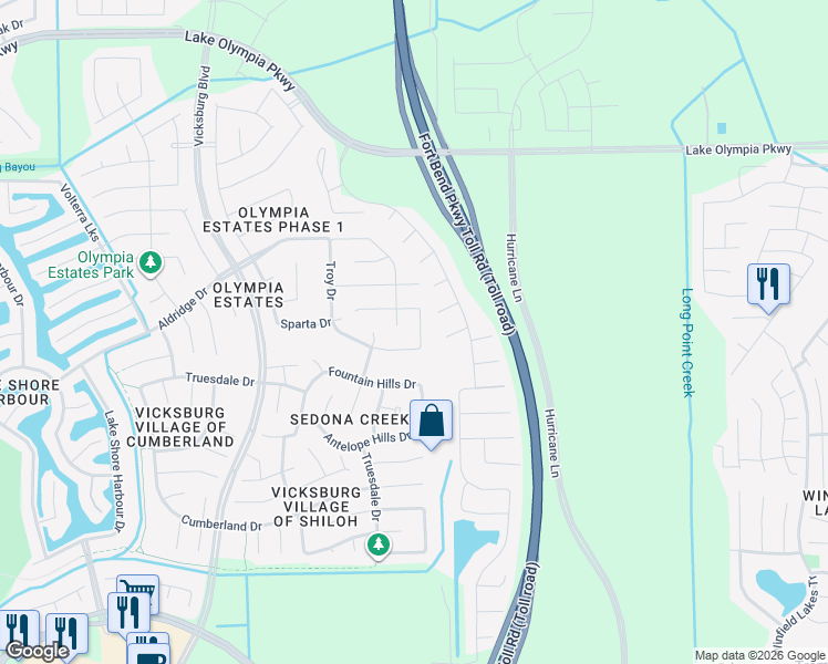 map of restaurants, bars, coffee shops, grocery stores, and more near 2815 Seabold Drive in Missouri City