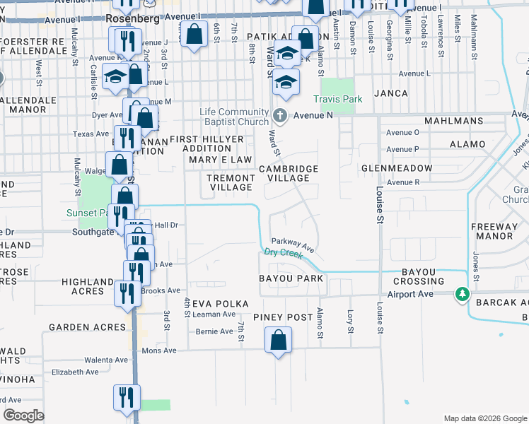 map of restaurants, bars, coffee shops, grocery stores, and more near 2000 Hamilton Street in Rosenberg