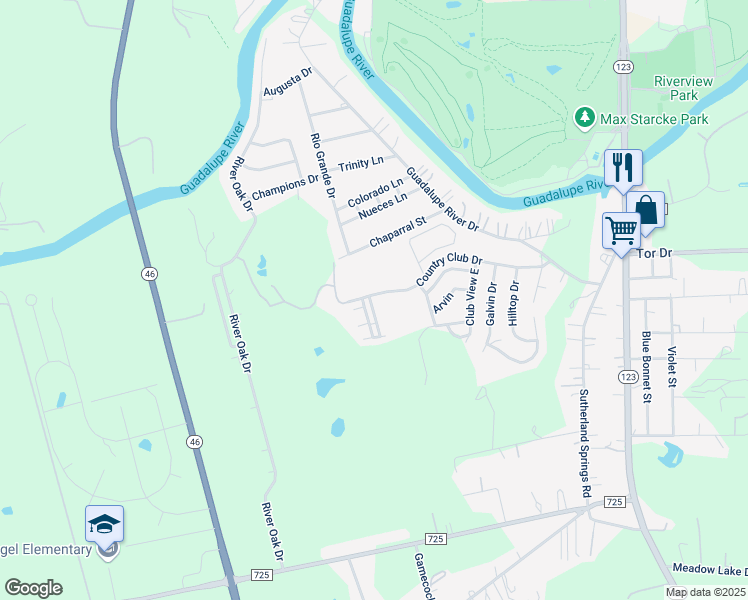 map of restaurants, bars, coffee shops, grocery stores, and more near 1051 Country Club Drive in Seguin
