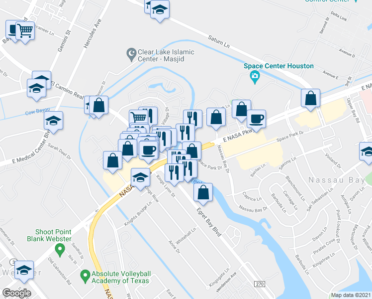 map of restaurants, bars, coffee shops, grocery stores, and more near 1101 East NASA Parkway in Houston