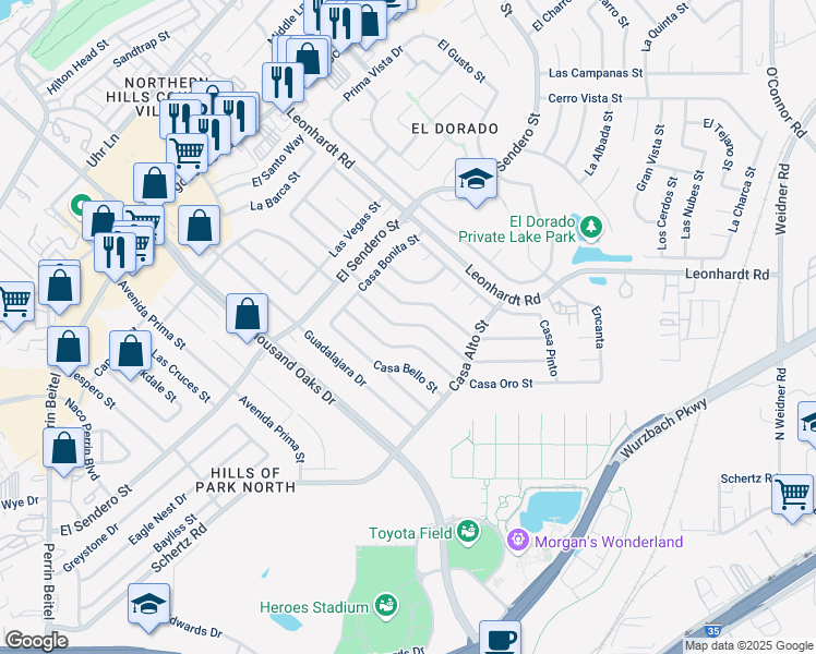 map of restaurants, bars, coffee shops, grocery stores, and more near 4744 Casa Verde Street in San Antonio