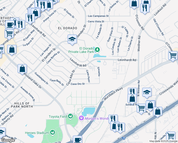 map of restaurants, bars, coffee shops, grocery stores, and more near 11710 Casa Pinto Street in San Antonio