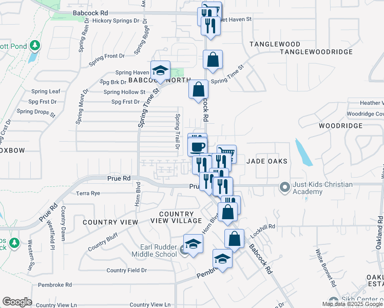 map of restaurants, bars, coffee shops, grocery stores, and more near 6518 Babcock Terrace in San Antonio
