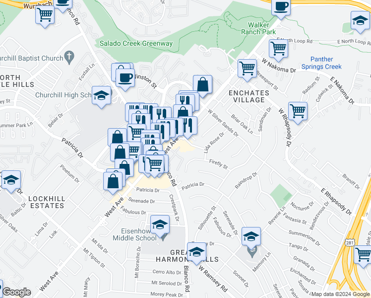 map of restaurants, bars, coffee shops, grocery stores, and more near 828 Afterglow Street in San Antonio
