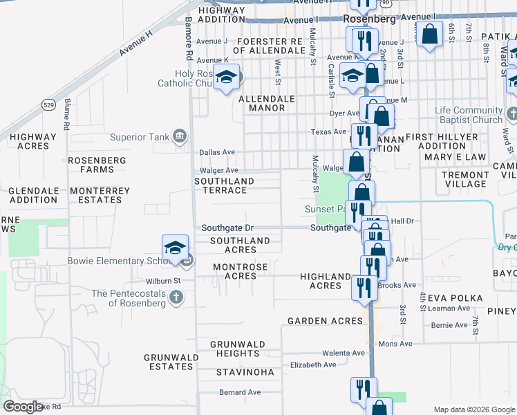 map of restaurants, bars, coffee shops, grocery stores, and more near 1114 Easy Street in Rosenberg